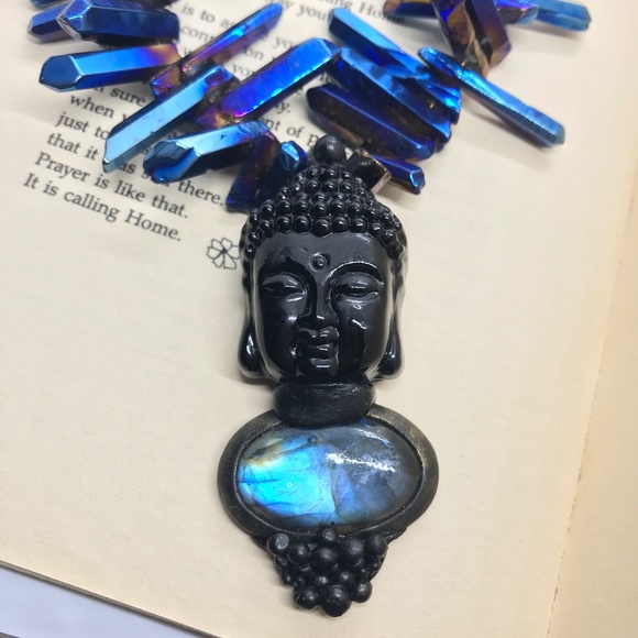 Statement Piece Art to Wear Buddha with Labradorite and Aqua Aura crystals. - Picture 3 of 5
